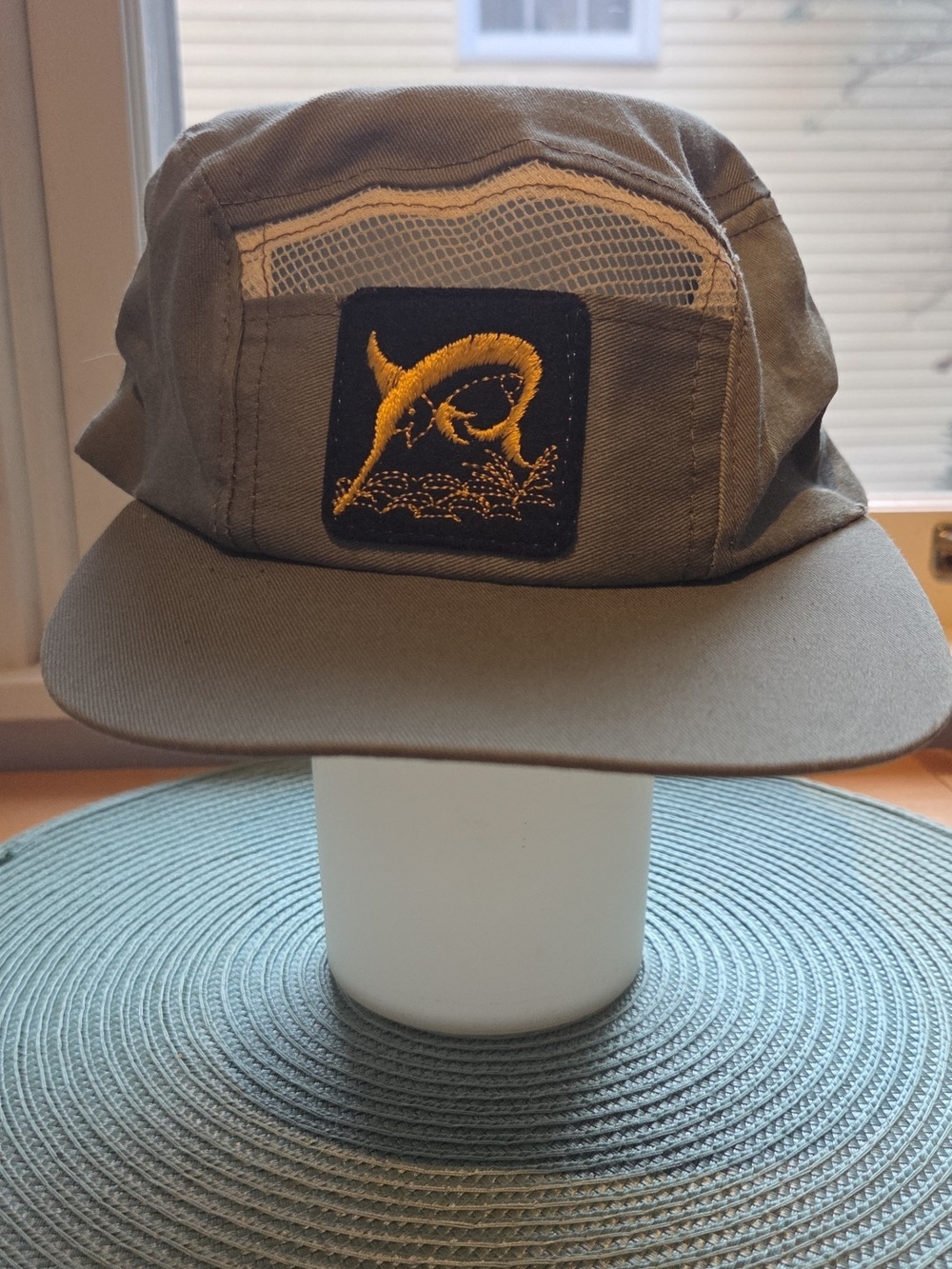 Olive Green Mesh-Panel 5-Panel Cap with Gold Marlin Patch